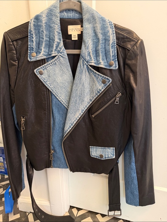 Alice + Olivia Jackets & Blazers - Black Leather Jacket with Light Blue Denim Accents